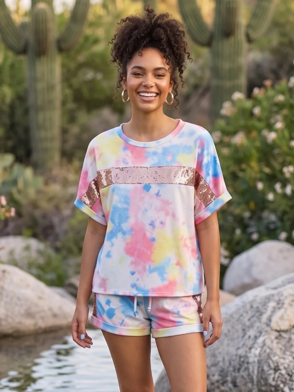 Fantastic Fawn Tie Dye Shorts Set | Sparkly Sequin 2 Piece Matching Lounge Set - Picture 1 of 7